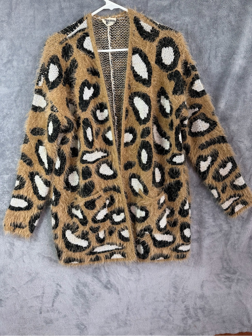 Mumu Mellow Leopard Print Fuzzy Eyelash Knit Open Front Cardigan Sweater Size S
